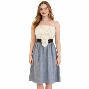 Paris Womens Strapless Ruffle Colorblock Midi Dress Blue Cream Brown‎ Size M